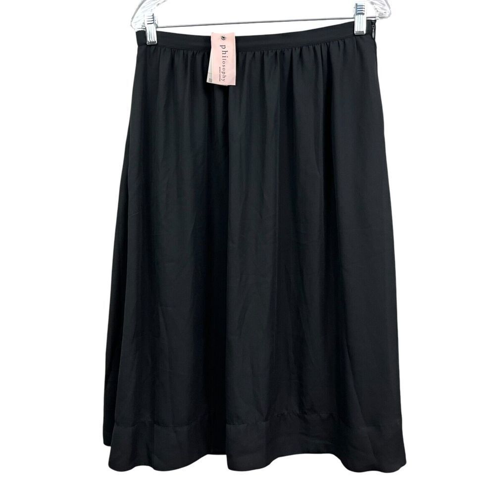 Philosophy Women Midi Skirt Pleated Semi Sheer Lined Pockets Zip Up Black Sz M*